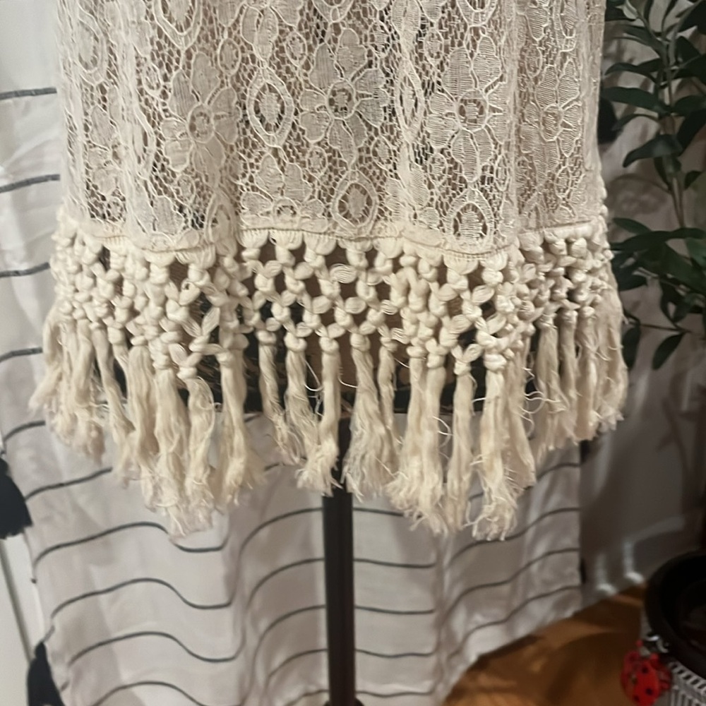 Boho cream black accent Taylor & Sage sleeveless top with “tassels” on bottom - Picture 3 of 8